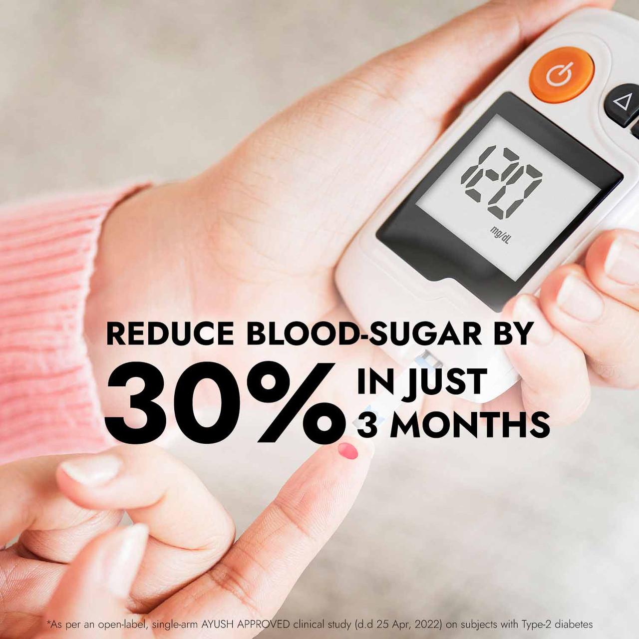 Dia Free Juice is clinically proven to reduce blood-sugar by 30% in just 3 months. 

Results are according to an open-label, single-arm AYUSH-approved clinical trial on subjects with Type-2 diabetes.